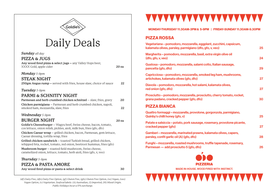 Menu, Goldie’s