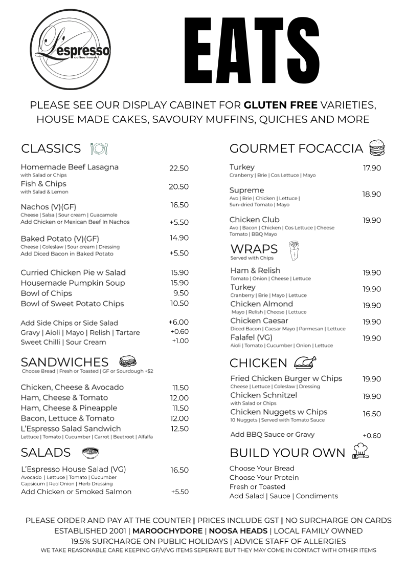 Menu, L'espresso Coffee House