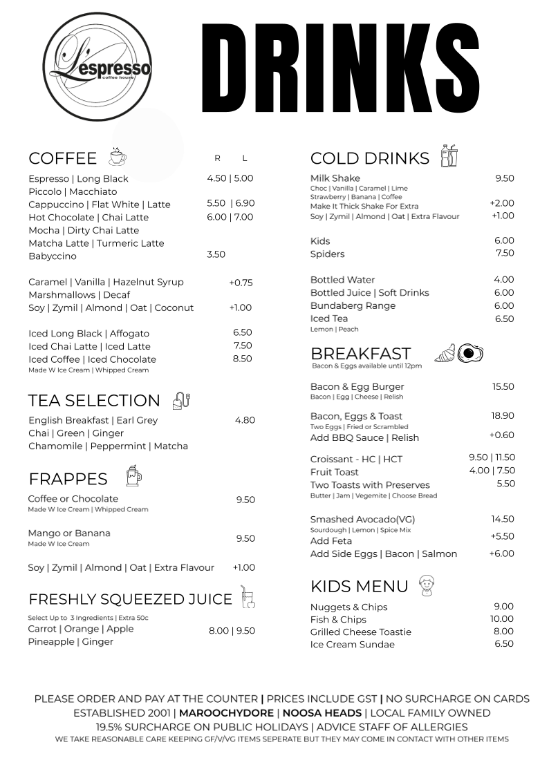 Menu, L'espresso Coffee House