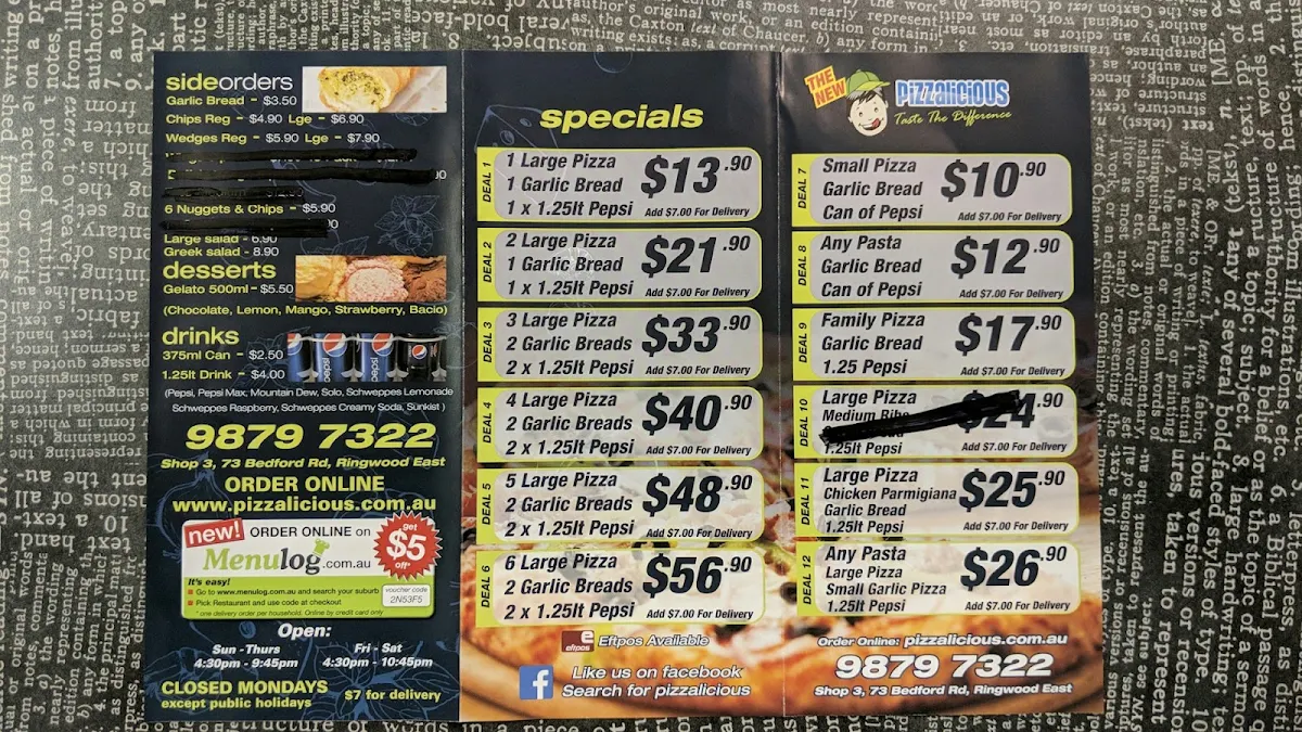 Menu, Pizzalicious