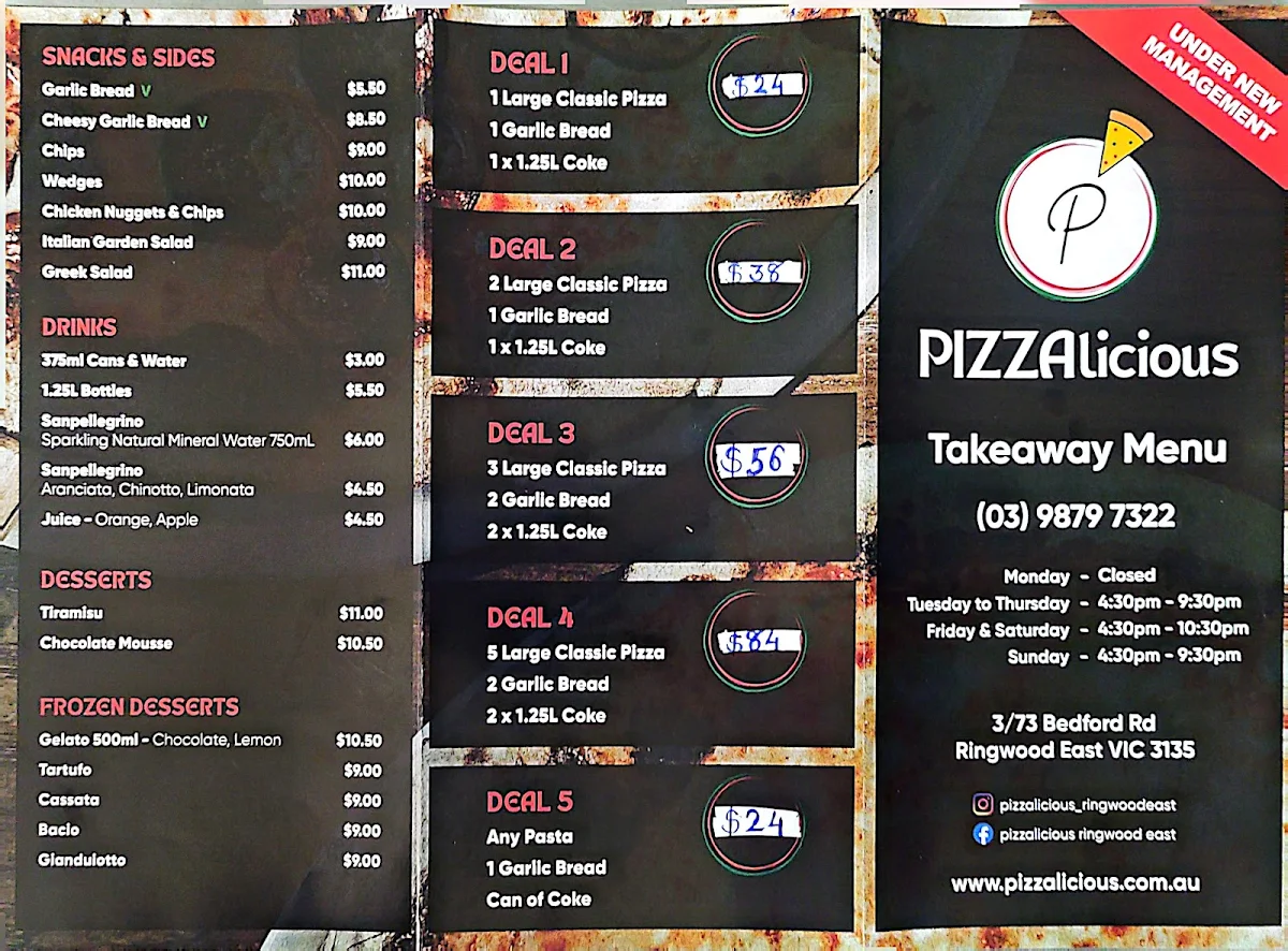 Menu, Pizzalicious