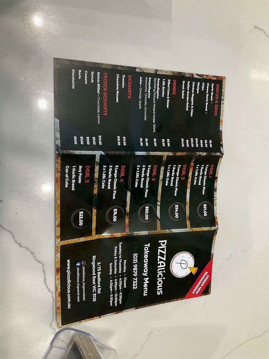 Menu, Pizzalicious