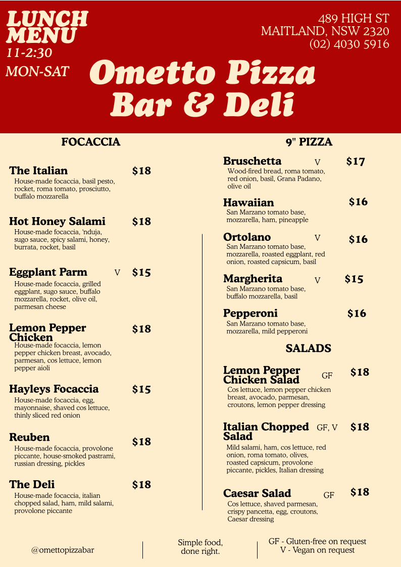 Menu, Ometto Pizza Bar & Deli