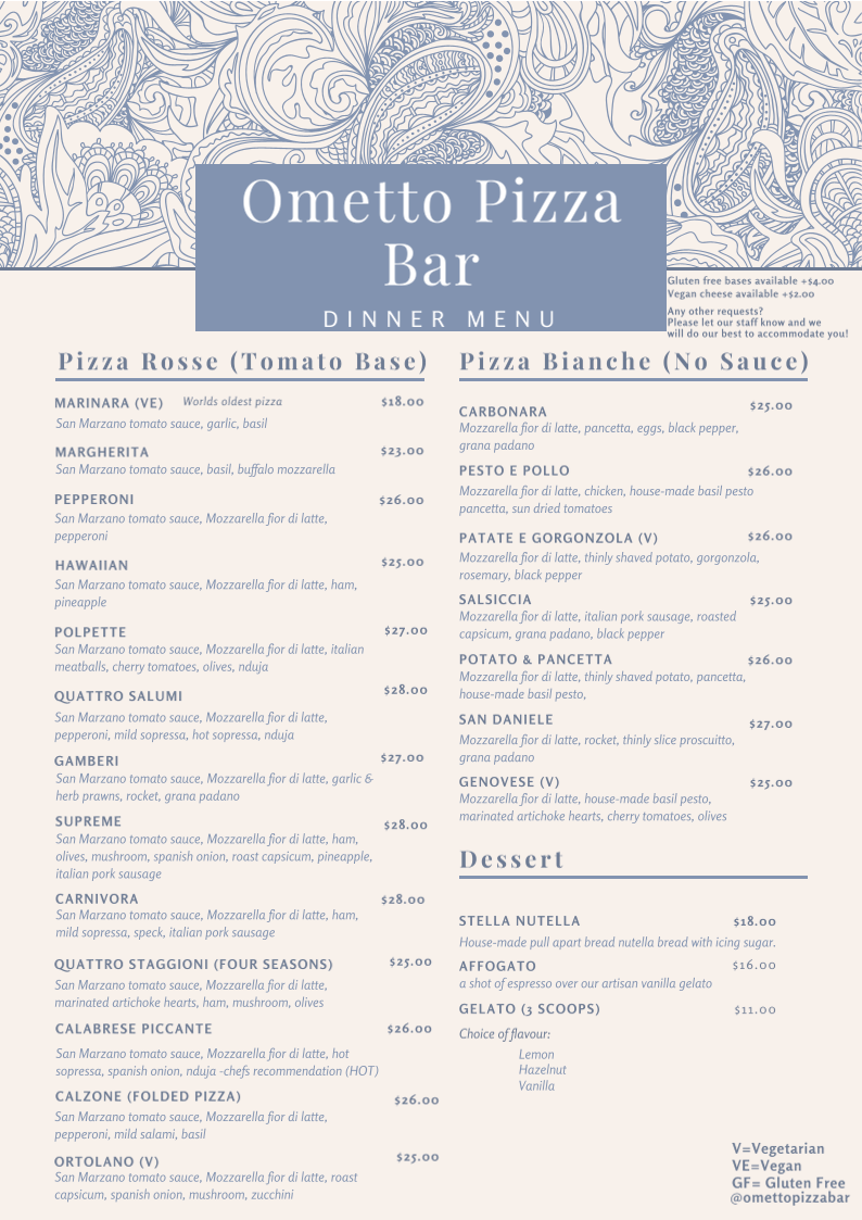 Menu, Ometto Pizza Bar & Deli