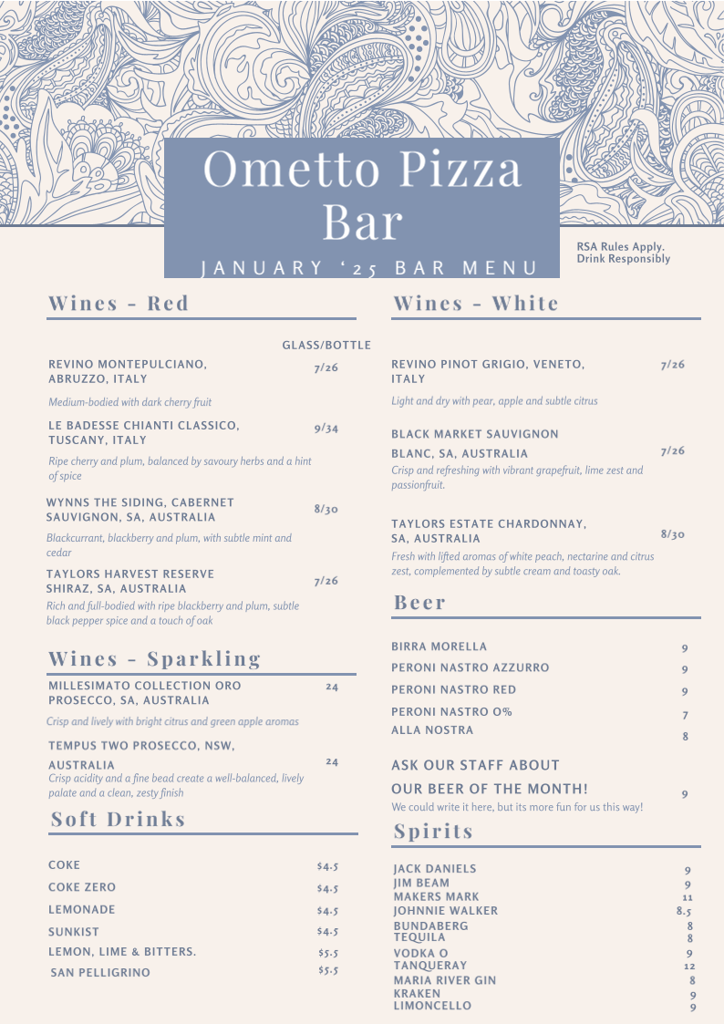 Menu, Ometto Pizza Bar & Deli