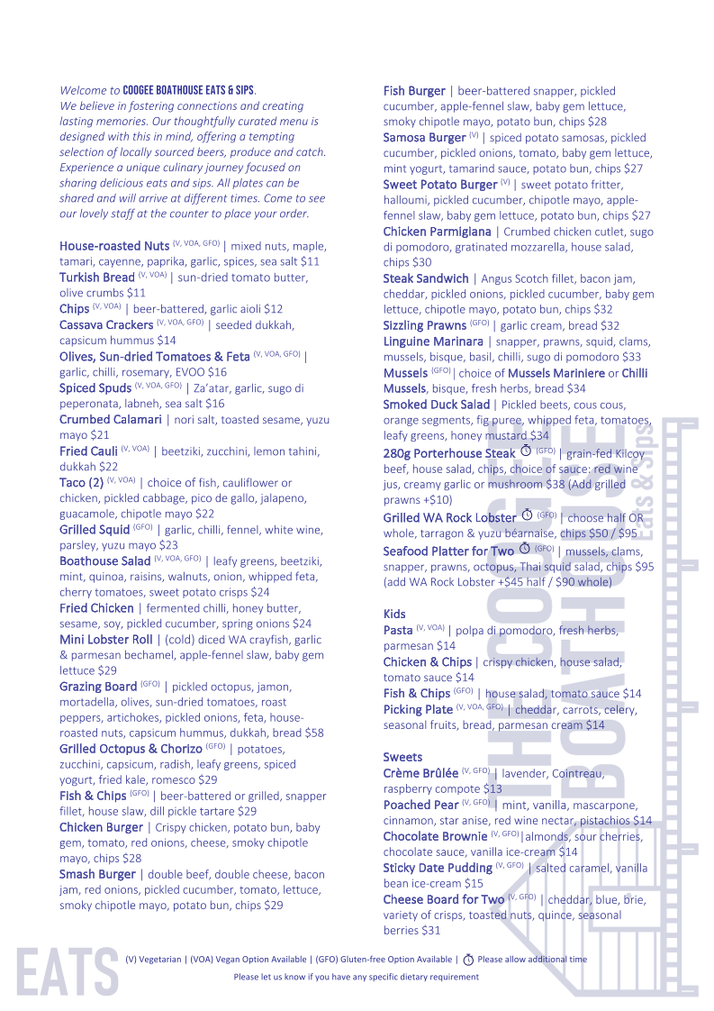 Menu, The Coogee Boathouse Eats & Sips