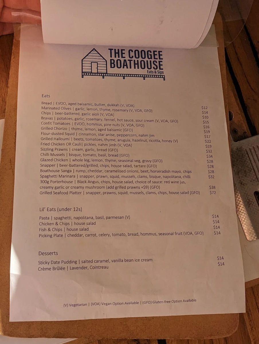 Menu, The Coogee Boathouse Eats & Sips