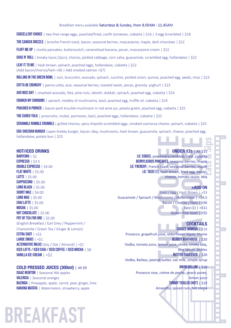 Menu, The Coogee Boathouse Eats & Sips