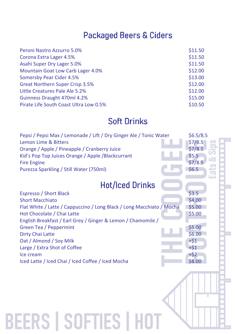Menu, The Coogee Boathouse Eats & Sips