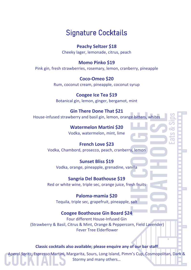 Menu, The Coogee Boathouse Eats & Sips