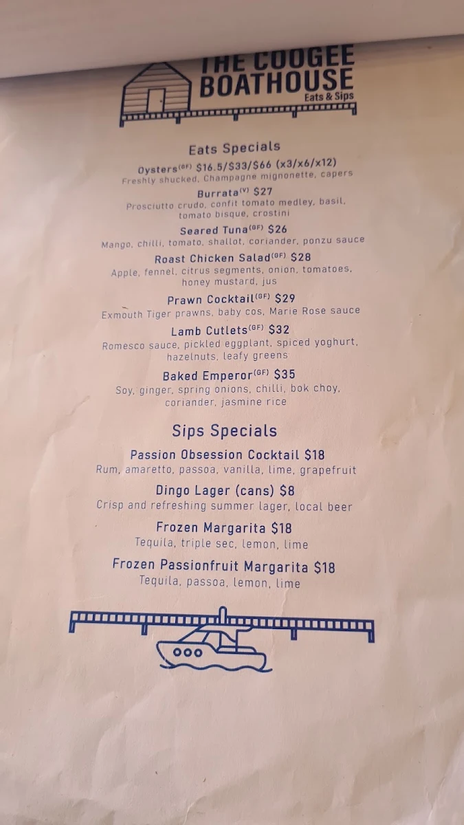 Menu, The Coogee Boathouse Eats & Sips
