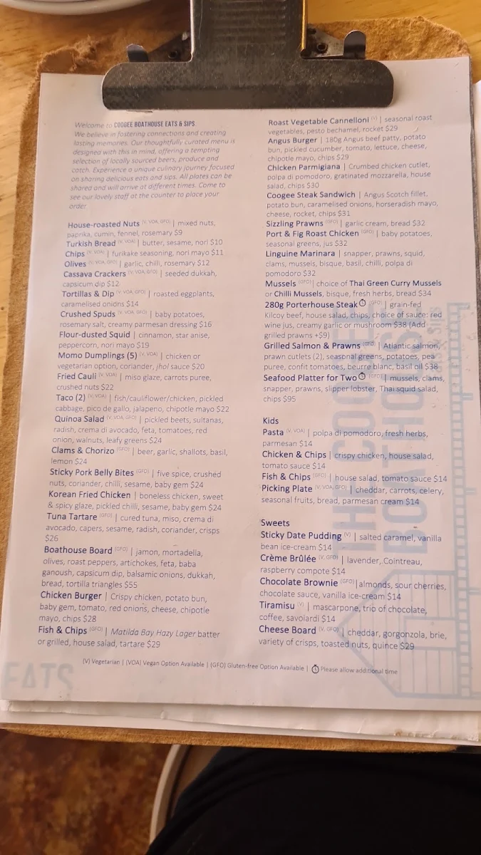 Menu, The Coogee Boathouse Eats & Sips
