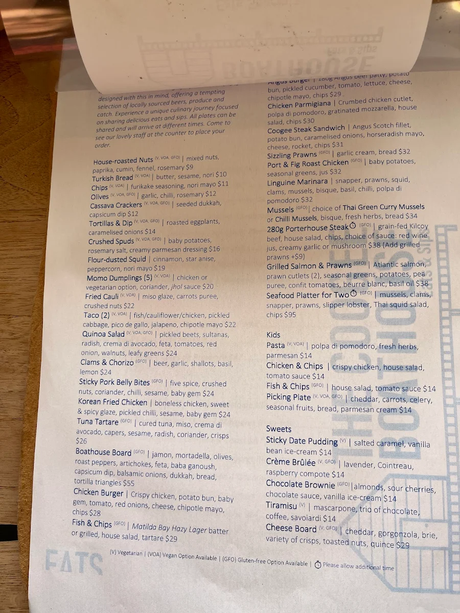 Menu, The Coogee Boathouse Eats & Sips
