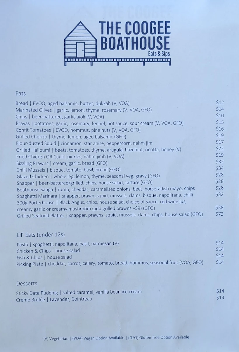 Menu, The Coogee Boathouse Eats & Sips