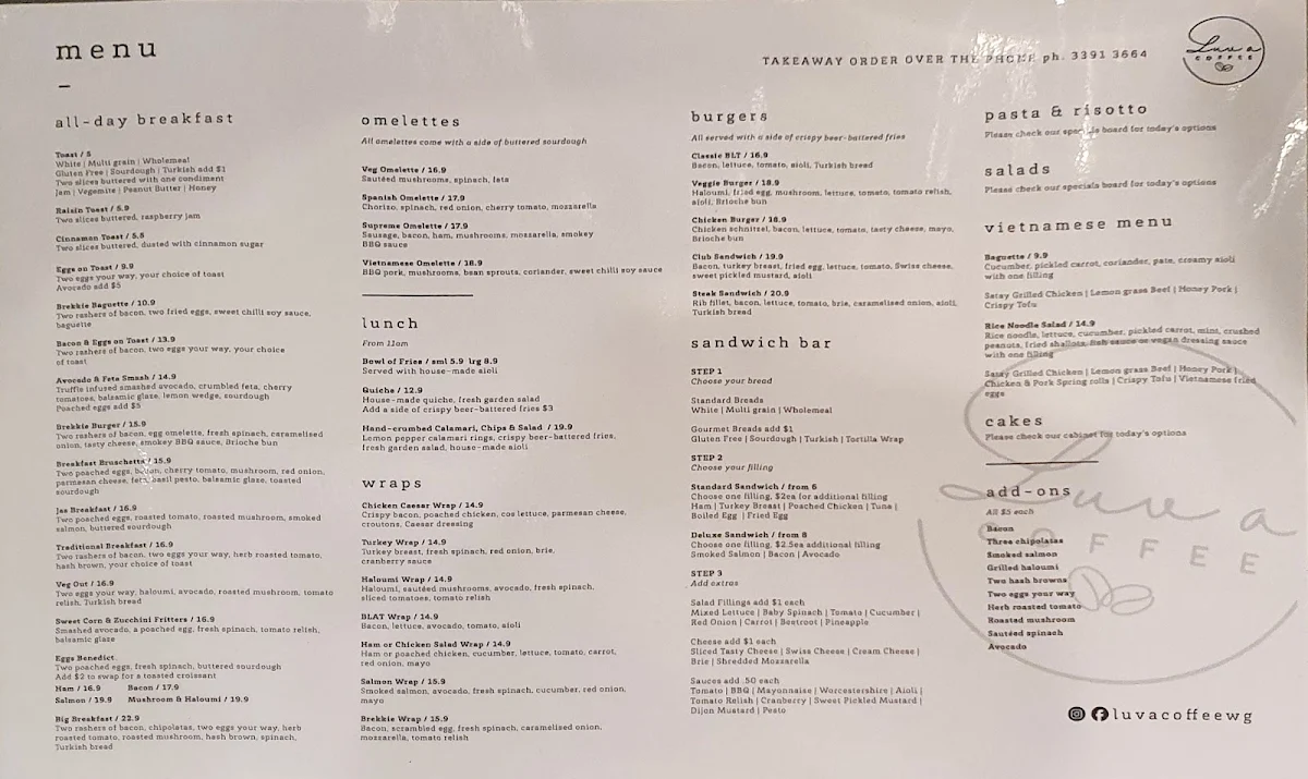 Menu, Luv a Coffee Buranda