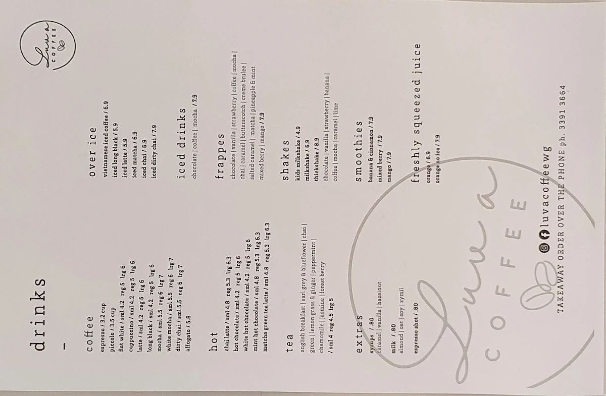 Menu, Luv a Coffee Buranda