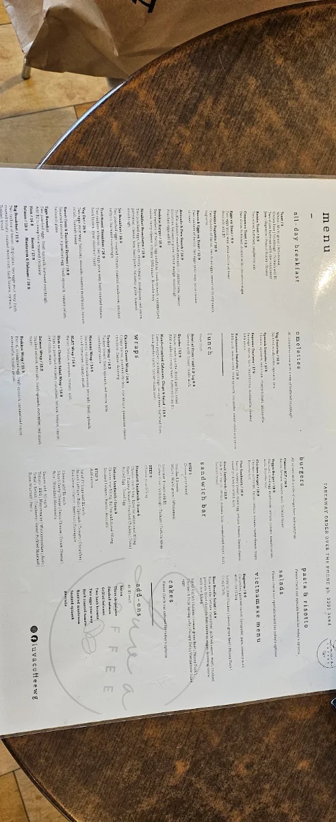 Menu, Luv a Coffee Buranda