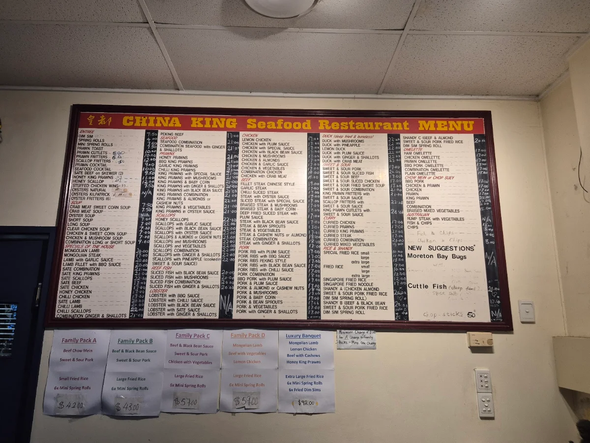 Menu, China King Restaurant