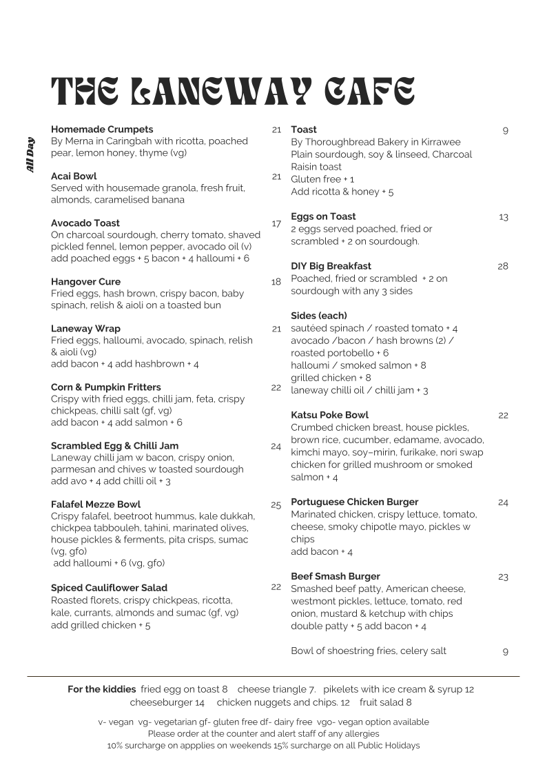 Menu, The Laneway
