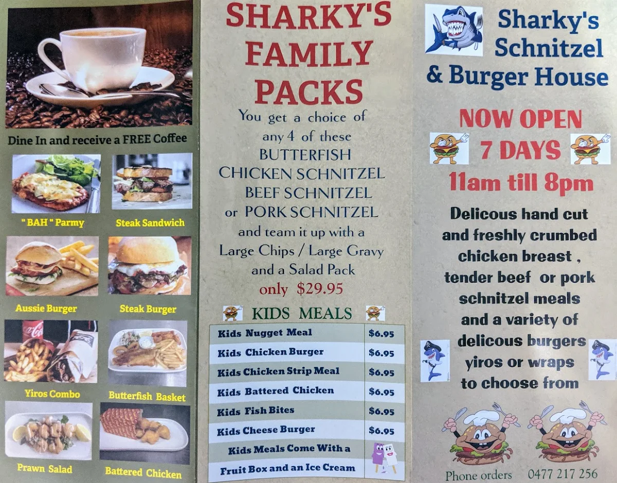 Menu, Sharky's Schnitzel & Burger House