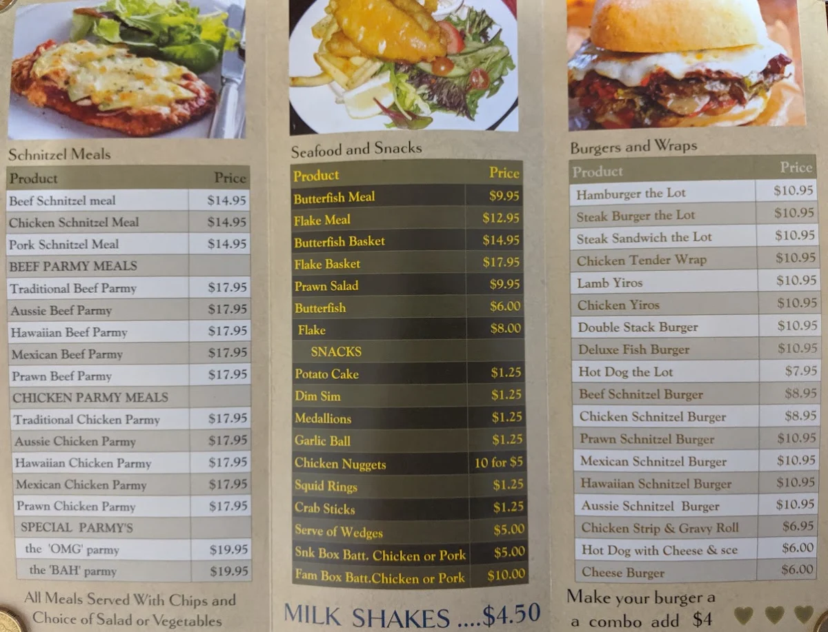 Menu, Sharky's Schnitzel & Burger House