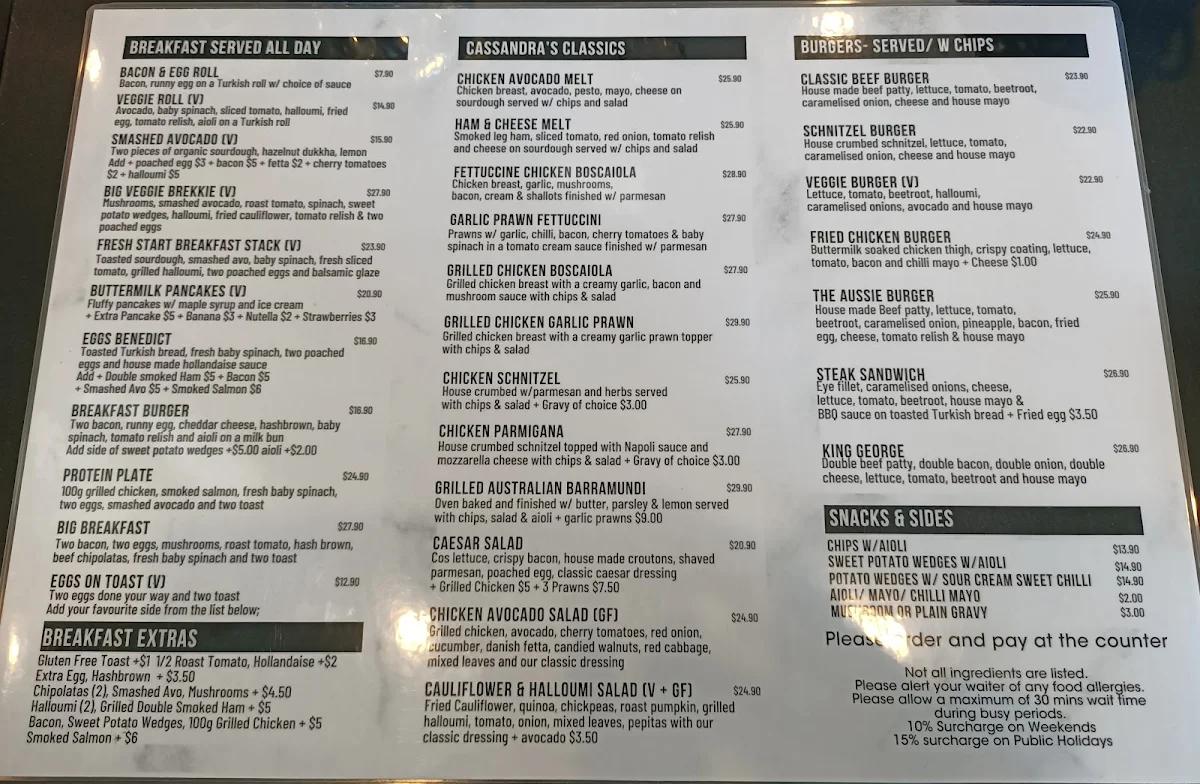 Menu, Cassandra's on the Park