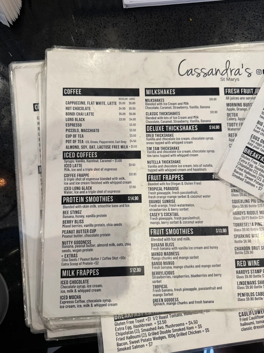 Menu, Cassandra's on the Park