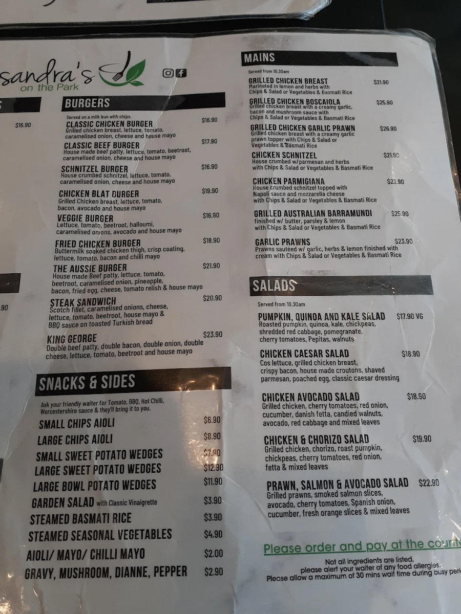 Menu, Cassandra's on the Park