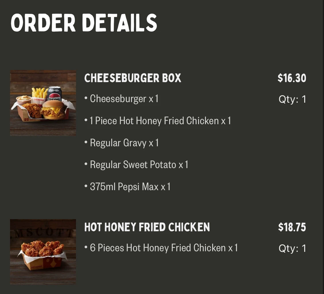 Menu, Red Rooster Hampton Park