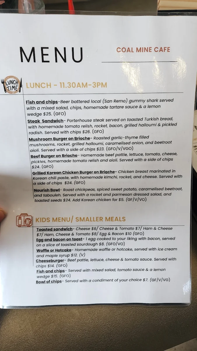 Menu, Wonthaggi state coal mine cafe