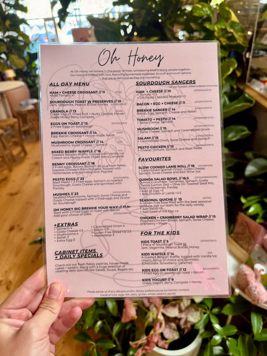 Menu, Oh Honey