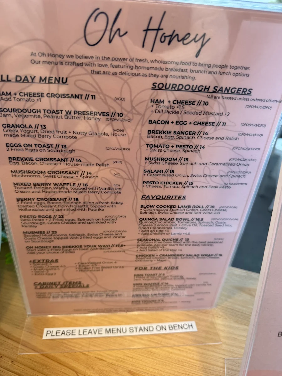 Menu, Oh Honey