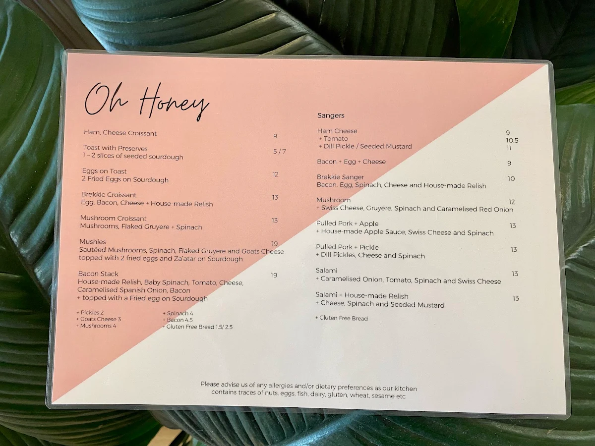 Menu, Oh Honey