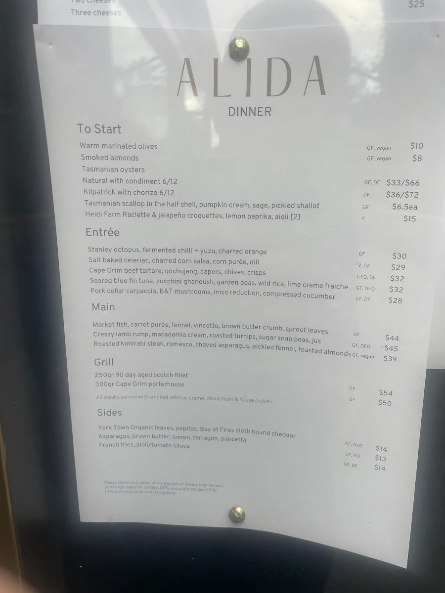 Menu, Alida Restaurant at Penny Royal