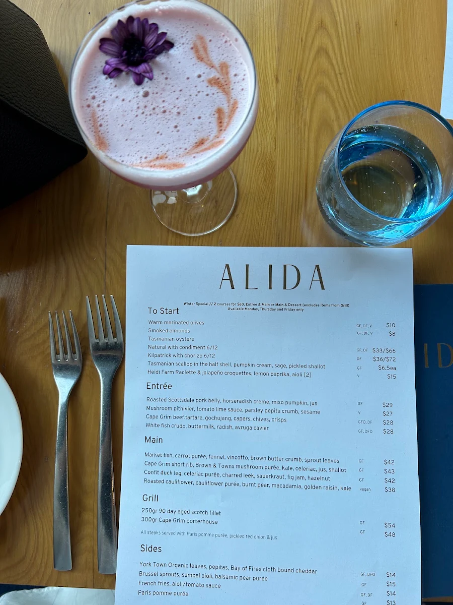 Menu, Alida Restaurant at Penny Royal