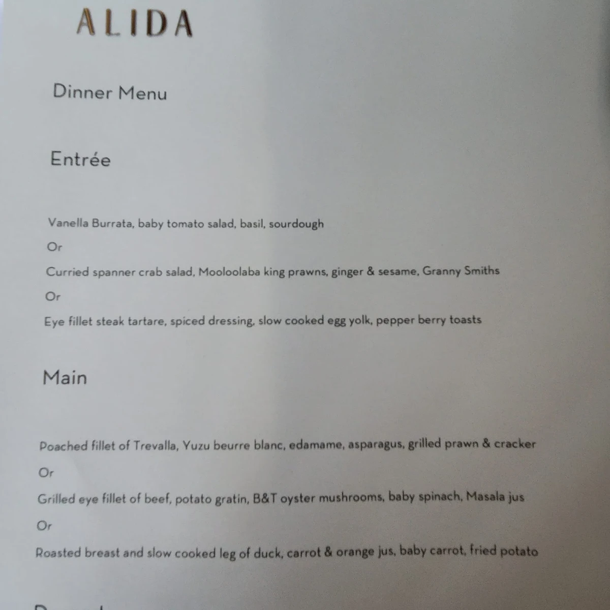 Menu, Alida Restaurant at Penny Royal