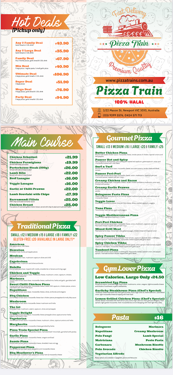 Menu, Pizza Train