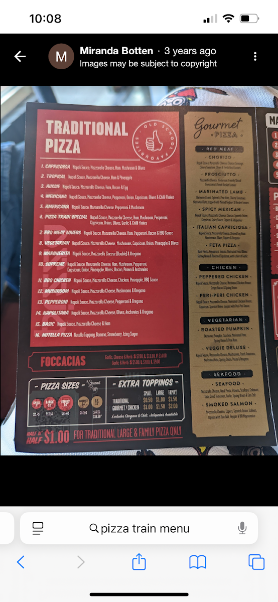 Menu, Pizza Train
