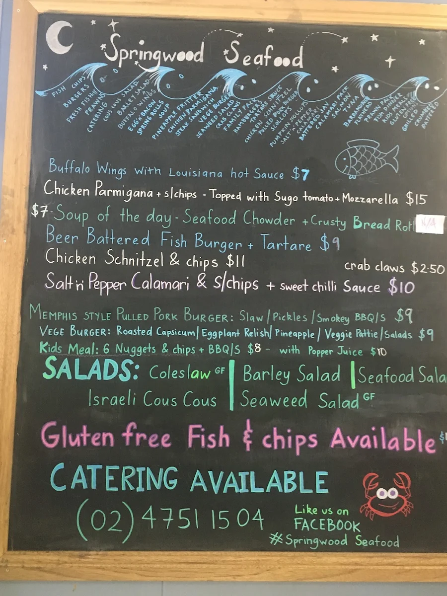 Menu, Springwood Seafood