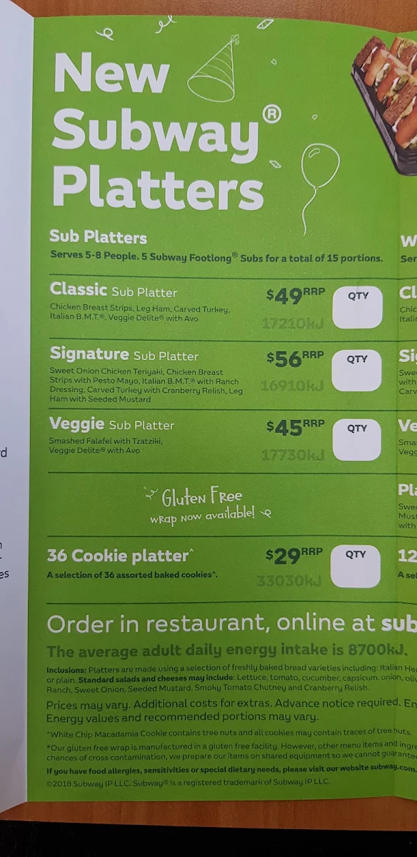 Menu, Subway