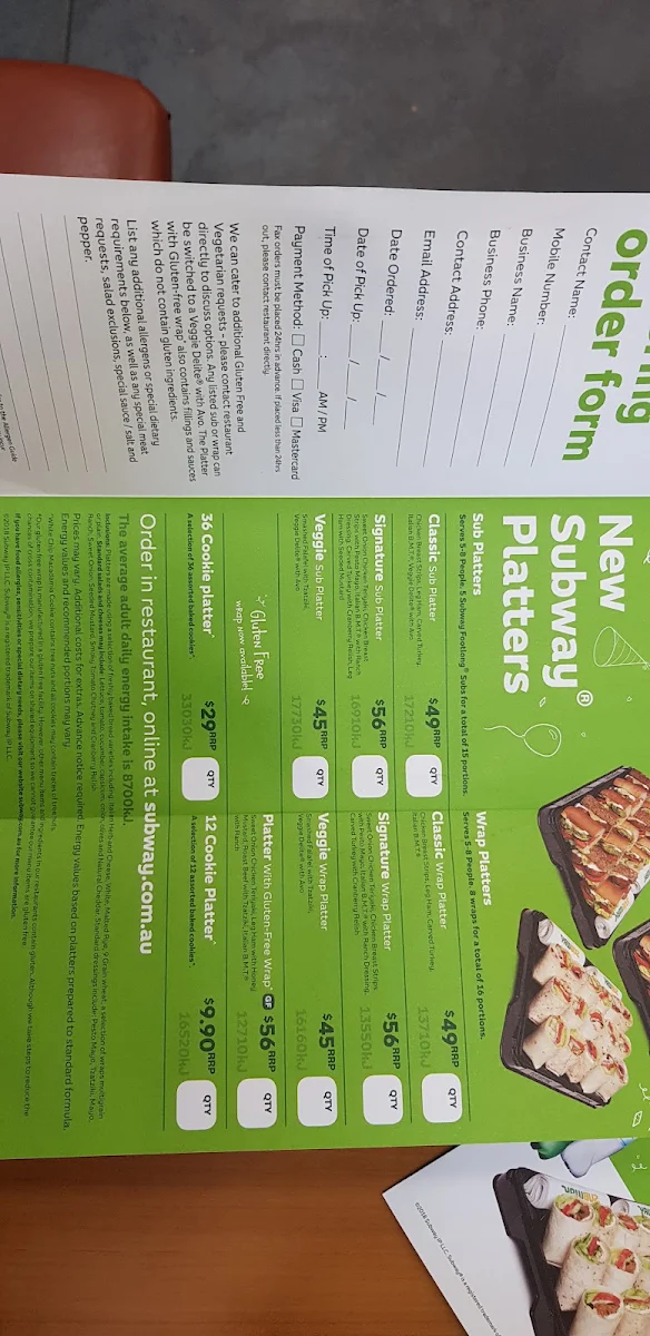 Menu, Subway