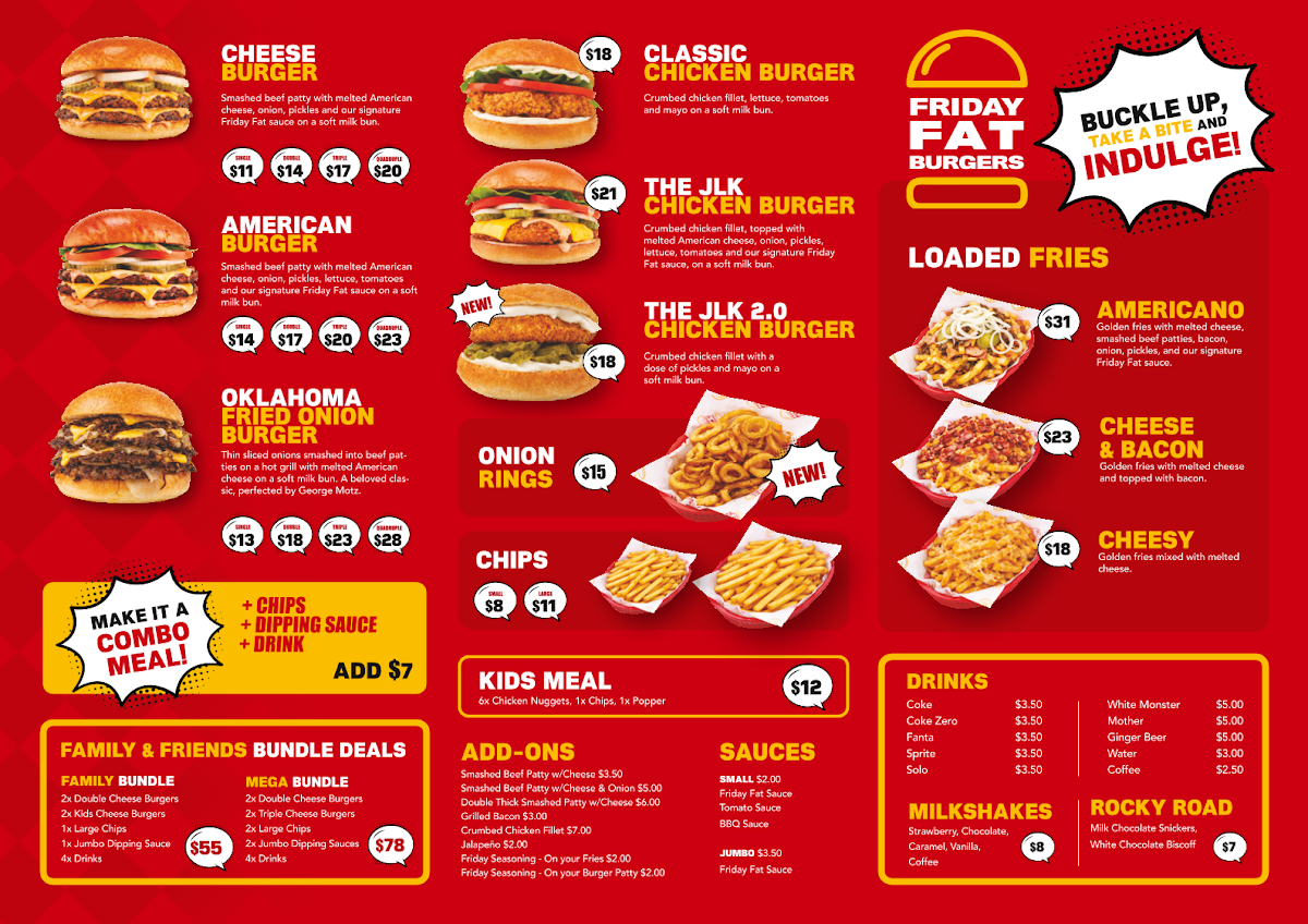 Menu, Friday Fat Burgers