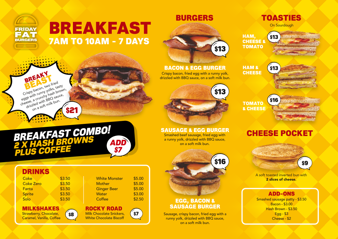 Menu, Friday Fat Burgers