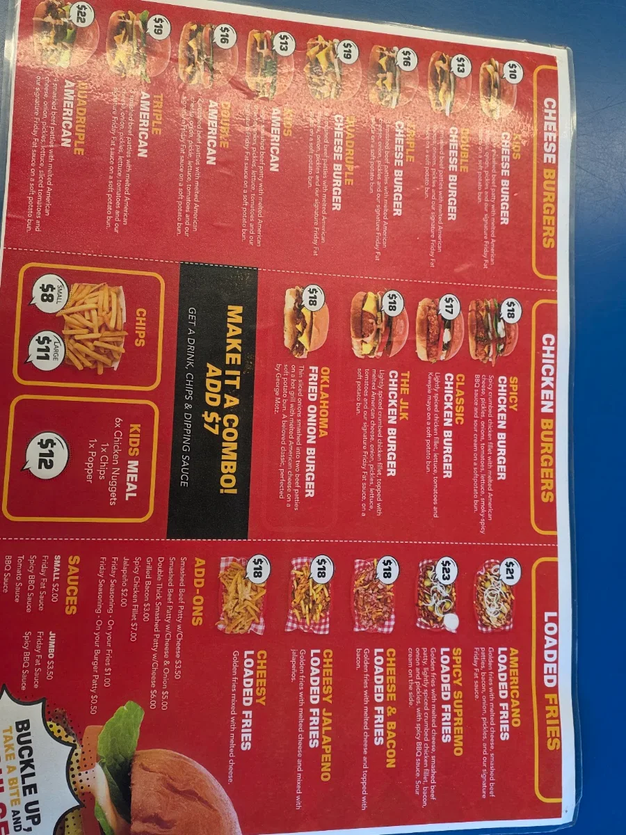 Menu, Friday Fat Burgers