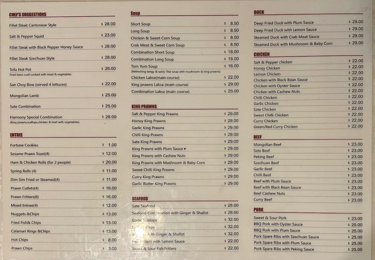 Menu, Harmony Chinese Restaurant