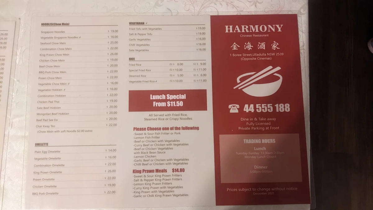 Menu, Harmony Chinese Restaurant