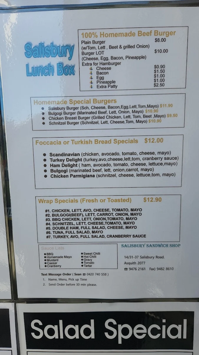 Menu, Salisbury Lunch Box