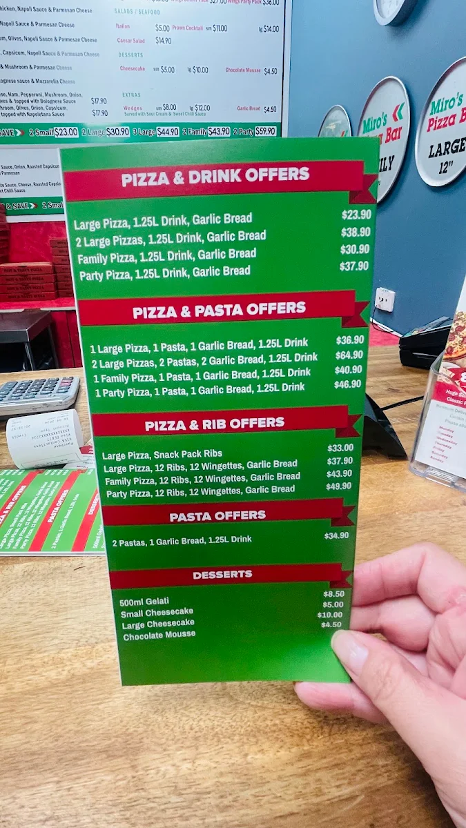 Menu, Miro's Pizza Bar