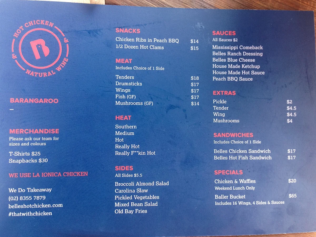 Menu, Belles Hot Chicken Barangaroo