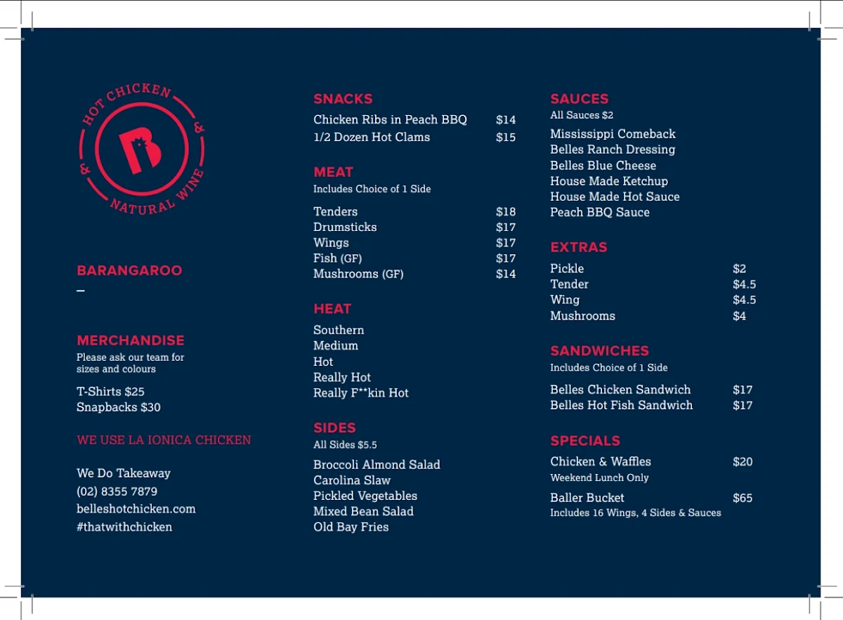Menu, Belles Hot Chicken Barangaroo